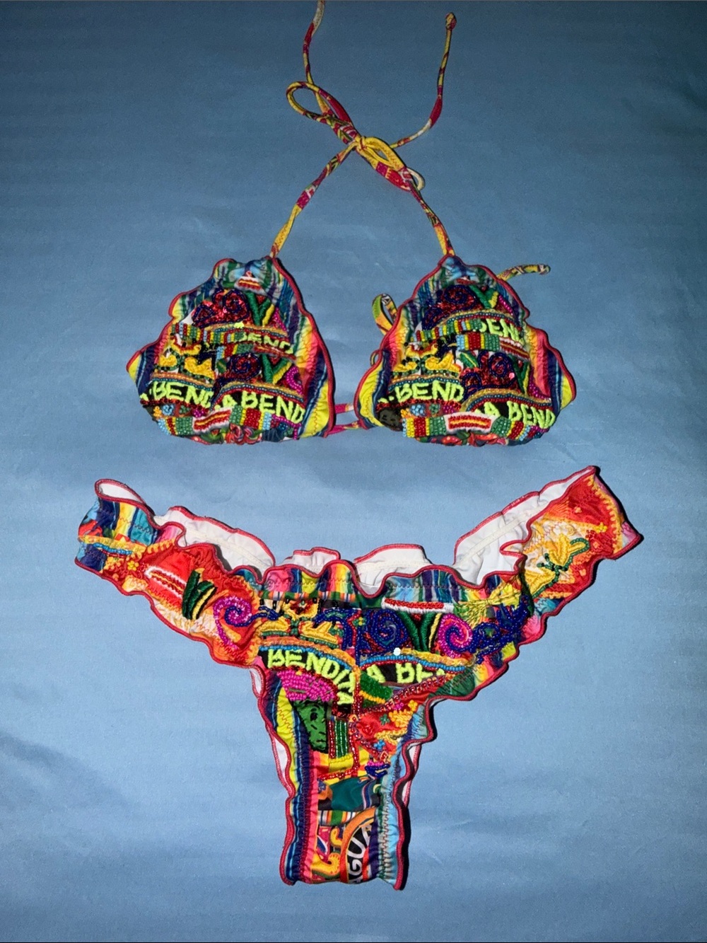 Agua Bendita Multicolor Ruffled Triangle Bikini Set